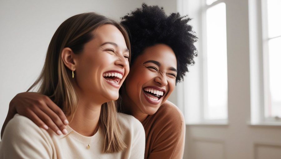 Zwei lachende Frauen umarmen sich.